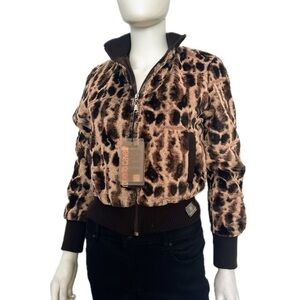 NWT WOMEN'S FAUX FUR‎ ZIPPED JACKET ANIMAL PRINT SHORT BOMBER LINED STAND COLLAR